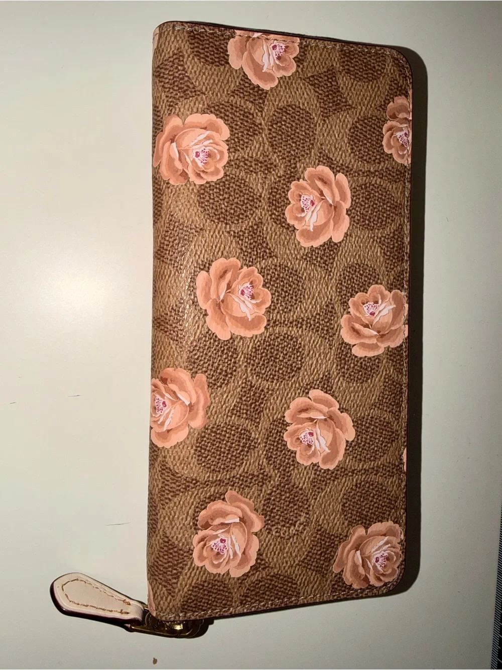 Coach Brown Signature Monogram Gold Zip Wallet with Pink Floral Motif